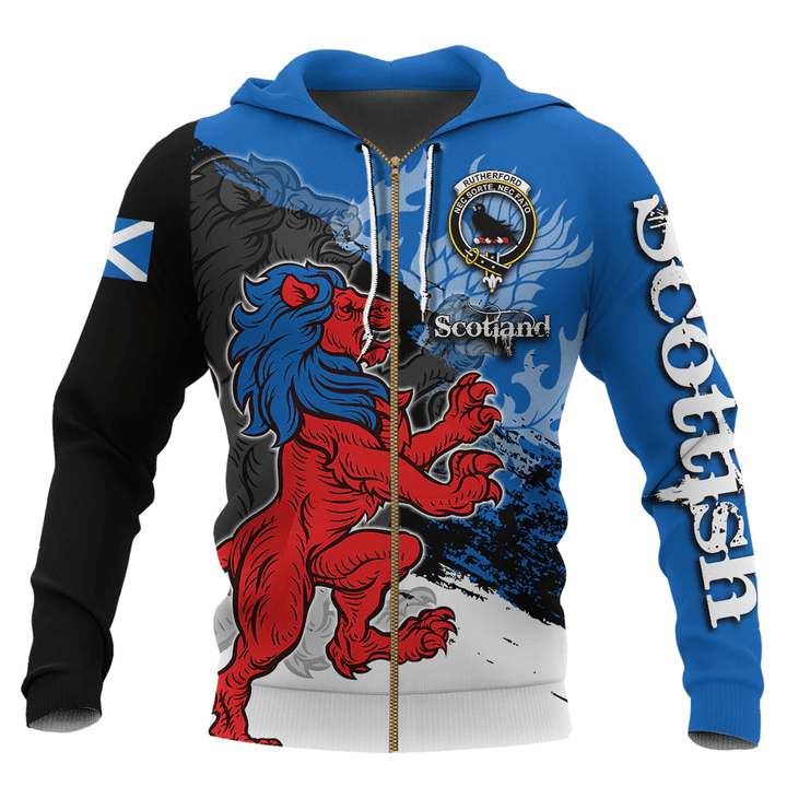 1sttheworld Clothing - Scottish Lion Brush Style Rutherford Crest Family Scotland Zip Hoodie A35