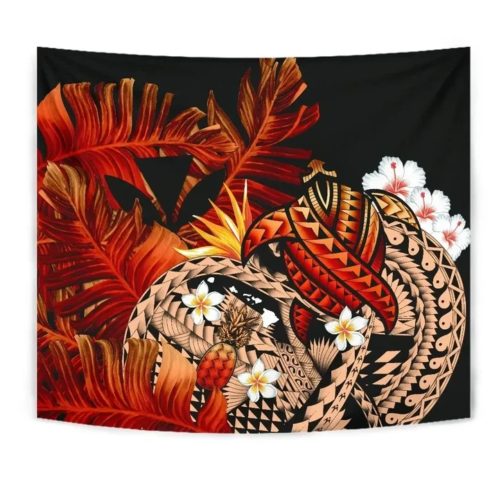 Kanaka Maoli (Hawaiian) Tapestry, Polynesian Pineapple Banana Leaves Turtle Tattoo Red A02