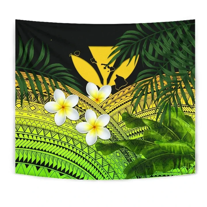 Kanaka Maoli (Hawaiian) Tapestry, Polynesian Plumeria Banana Leaves Yellow A02