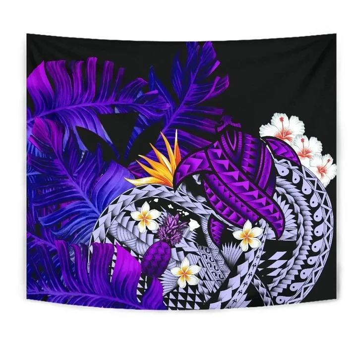 Kanaka Maoli (Hawaiian) Tapestry, Polynesian Pineapple Banana Leaves Turtle Tattoo Purple A02