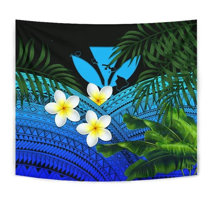 Kanaka Maoli (Hawaiian) Tapestry, Polynesian Plumeria Banana Leaves Blue A02