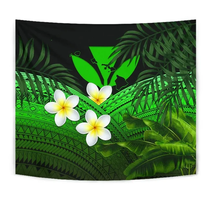 Kanaka Maoli (Hawaiian) Tapestry, Polynesian Plumeria Banana Leaves Green A02