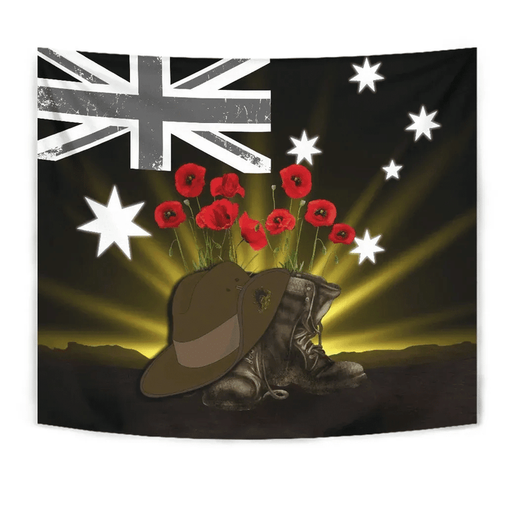 1sttheworld Australia Anzac Day Tapestry - Lest We Forget Hat And Boots Poppies A24