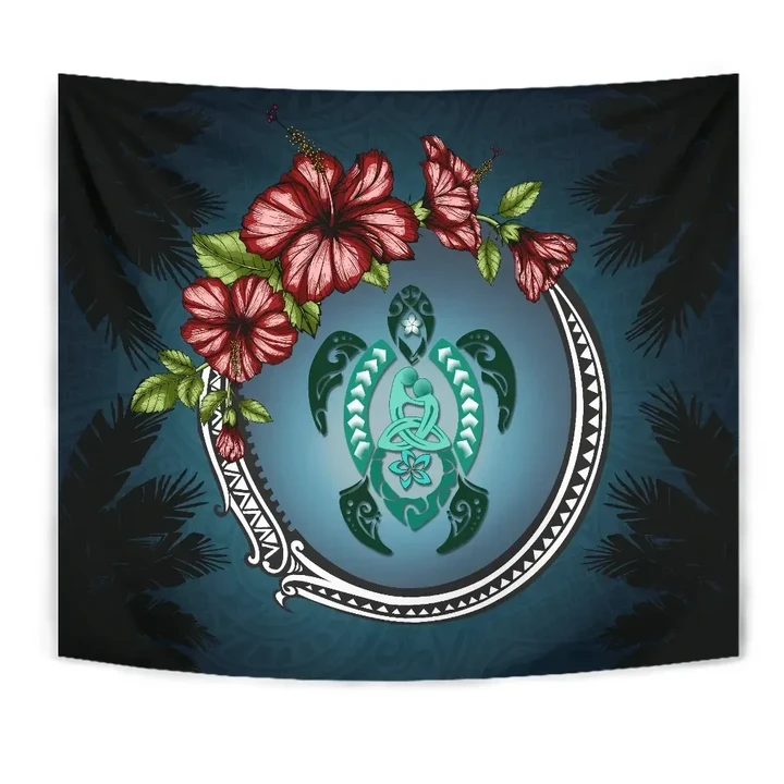 Kanaka Maoli (Hawaiian) Tapestry - Polynesian Ohana Turtle Hibiscus Mother Son A24