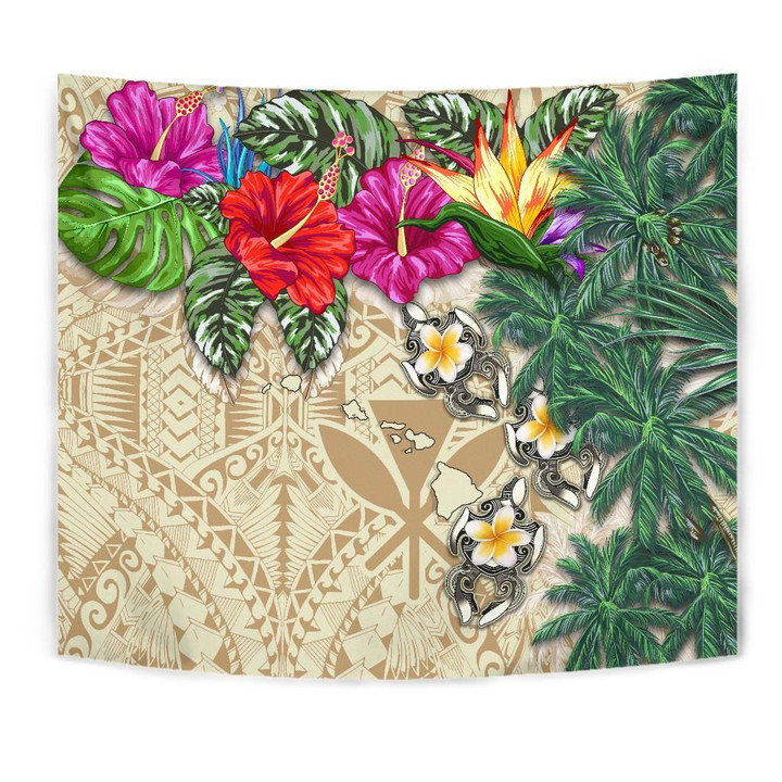 Kanaka Maoli (Hawaiian) Tapestry - Hibiscus Turtle Tattoo Beige A02