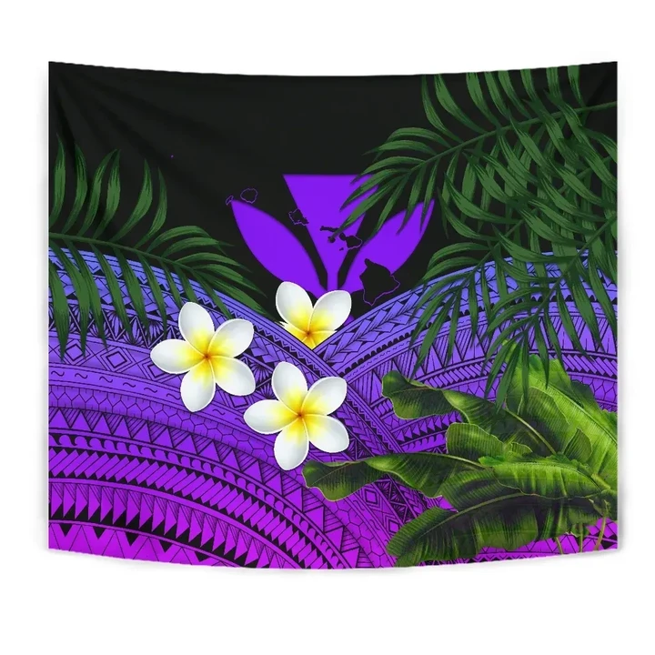 Kanaka Maoli (Hawaiian) Tapestry, Polynesian Plumeria Banana Leaves Purple A02