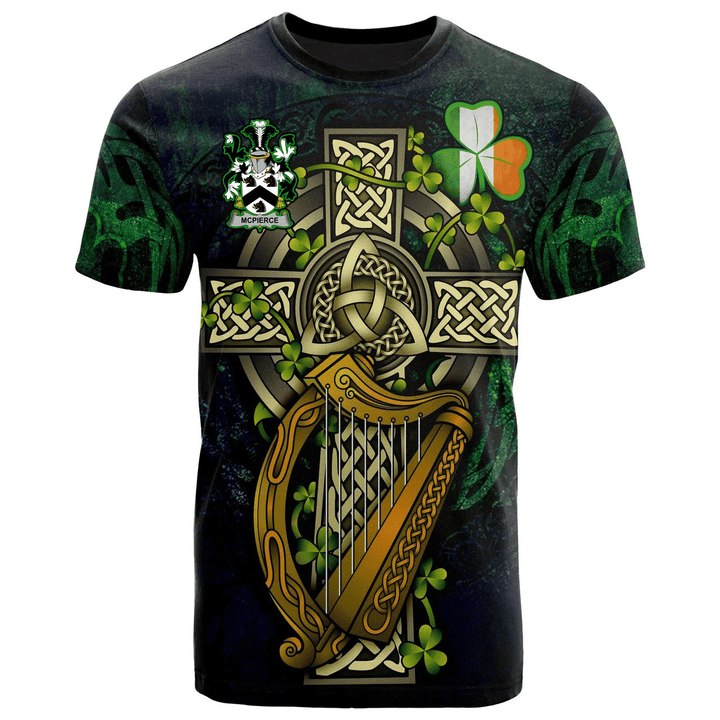1sttheworld Ireland T-Shirt - McPierce or Pierce Irish Family Crest and Celtic Cross A7