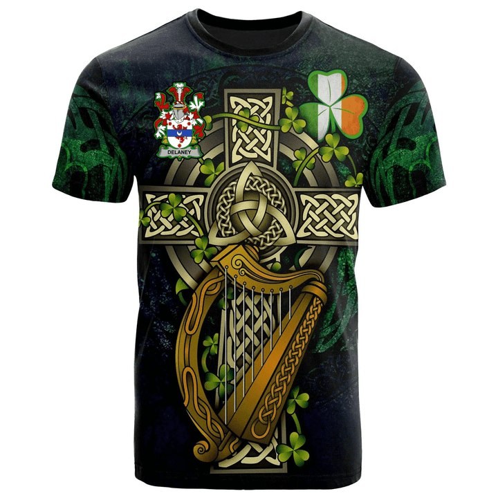 1sttheworld Ireland T-Shirt - Delaney or O'Delany Irish Family Crest and Celtic Cross A7