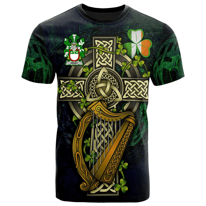 1sttheworld Ireland T-Shirt - Drury or McDrury Irish Family Crest and Celtic Cross A7