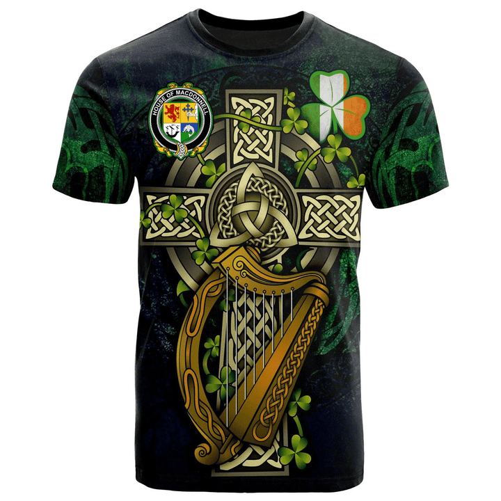 1sttheworld Ireland T-Shirt - House of MACDONNELL (of the Glens) Irish Family Crest and Celtic Cross A7