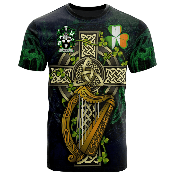 1sttheworld Ireland T-Shirt - Magee or McGee Irish Family Crest and Celtic Cross A7