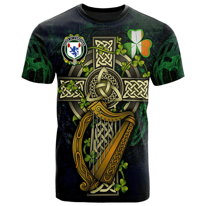 1sttheworld Ireland T-Shirt - House of O'BRENNAN (Connacht) Irish Family Crest and Celtic Cross A7