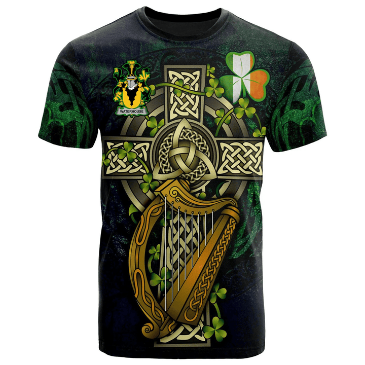 1sttheworld Ireland T-Shirt - Waterhouse Irish Family Crest and Celtic Cross A7