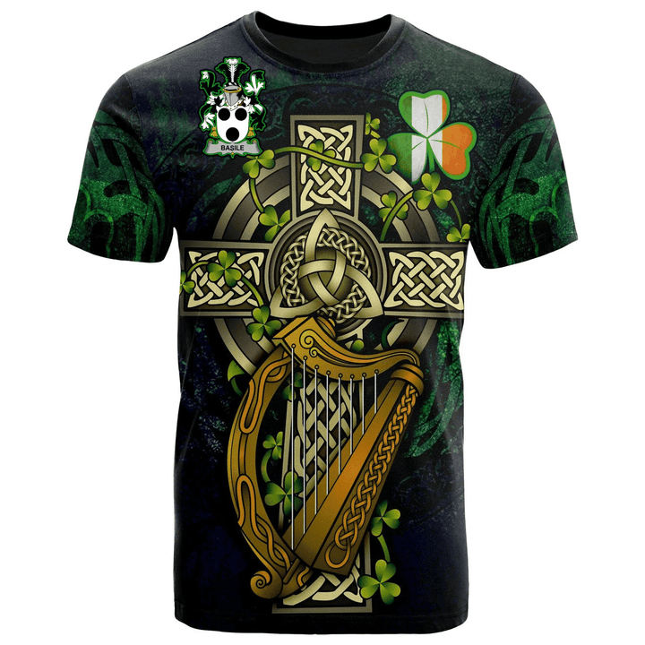 1sttheworld Ireland T-Shirt - Basile Irish Family Crest and Celtic Cross A7