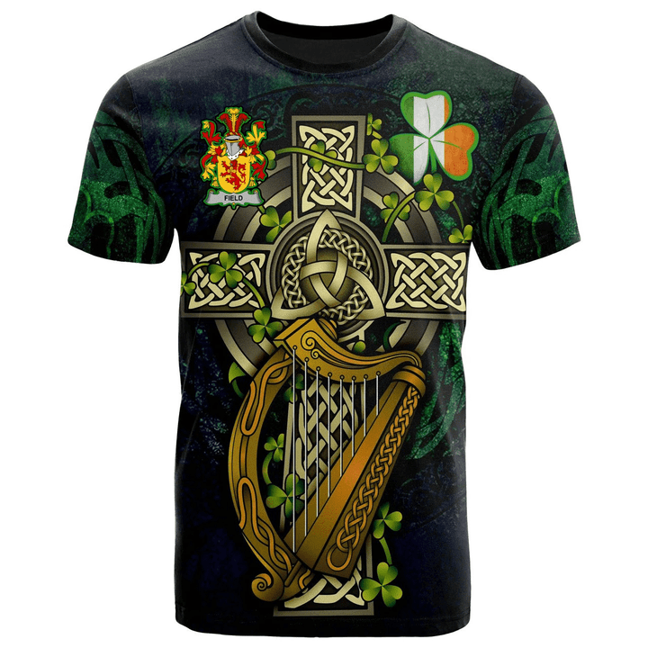 1sttheworld Ireland T-Shirt - Field Irish Family Crest and Celtic Cross A7