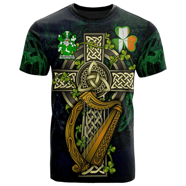1sttheworld Ireland T-Shirt - McGettigan or Gethin Irish Family Crest and Celtic Cross A7