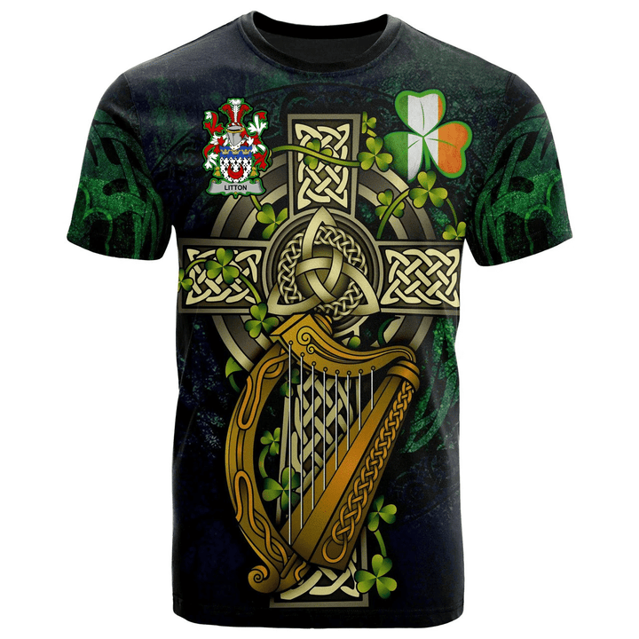 1sttheworld Ireland T-Shirt - Litton Irish Family Crest and Celtic Cross A7