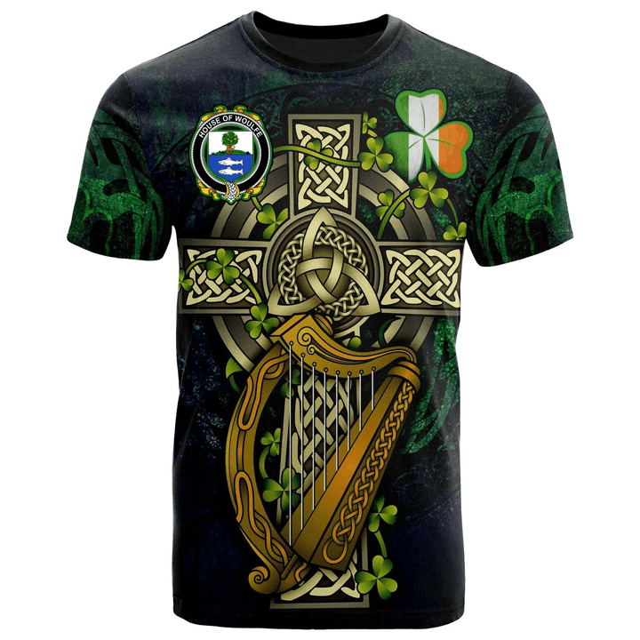 1sttheworld Ireland T-Shirt - House of WOULFE Irish Family Crest and Celtic Cross A7