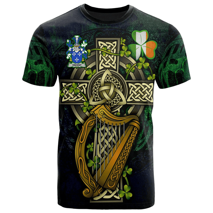 1sttheworld Ireland T-Shirt - Vincent Irish Family Crest and Celtic Cross A7