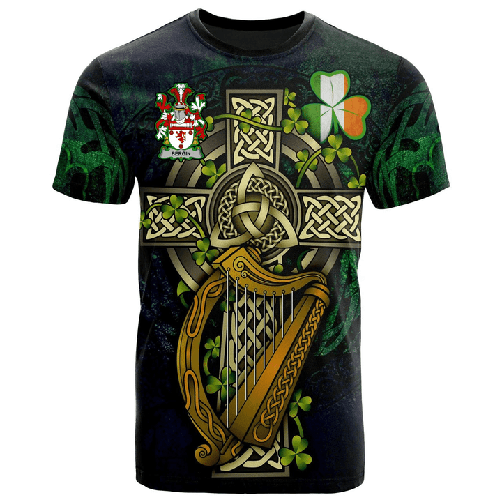 1sttheworld Ireland T-Shirt - Bergin or O'Bergin Irish Family Crest and Celtic Cross A7