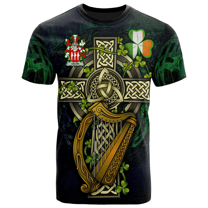 1sttheworld Ireland T-Shirt - Galvin or O'Galvin Irish Family Crest and Celtic Cross A7