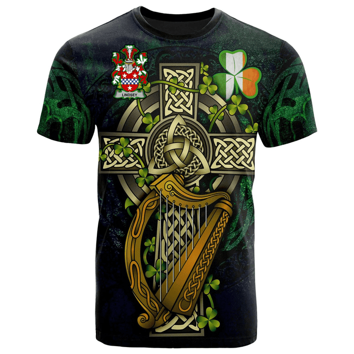 1sttheworld Ireland T-Shirt - Lindsey Irish Family Crest and Celtic Cross A7
