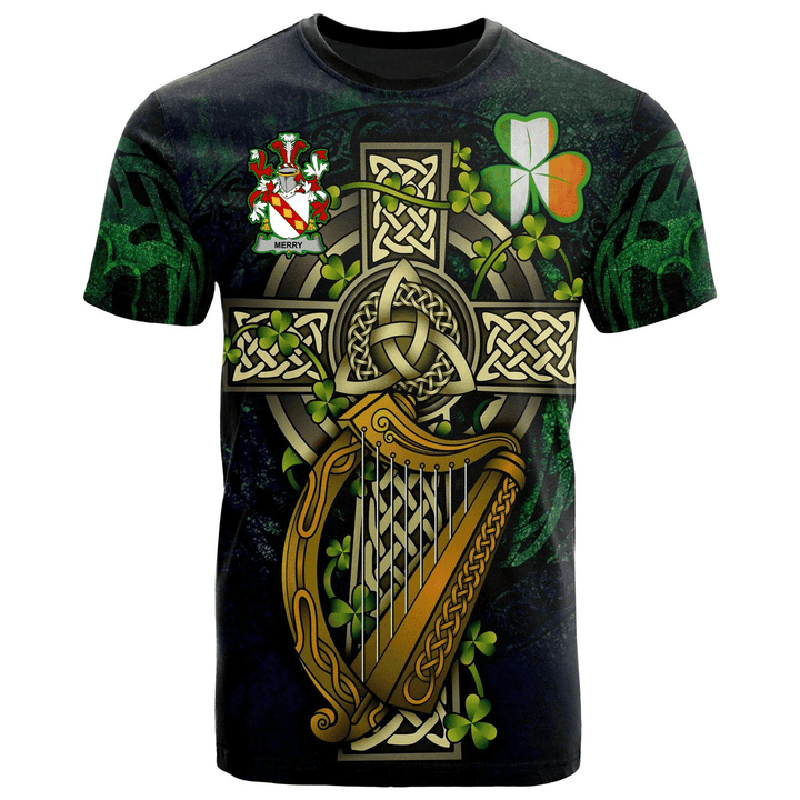 1sttheworld Ireland T-Shirt - Merry or O'Merry Irish Family Crest and Celtic Cross A7