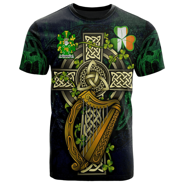 1sttheworld Ireland T-Shirt - McConville Irish Family Crest and Celtic Cross A7