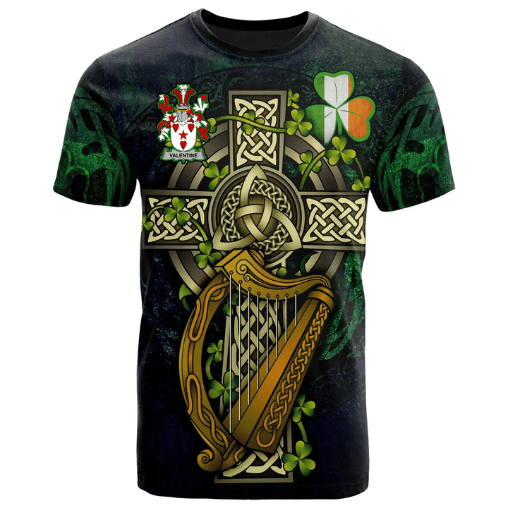 1sttheworld Ireland T-Shirt - Valentine Irish Family Crest and Celtic Cross A7
