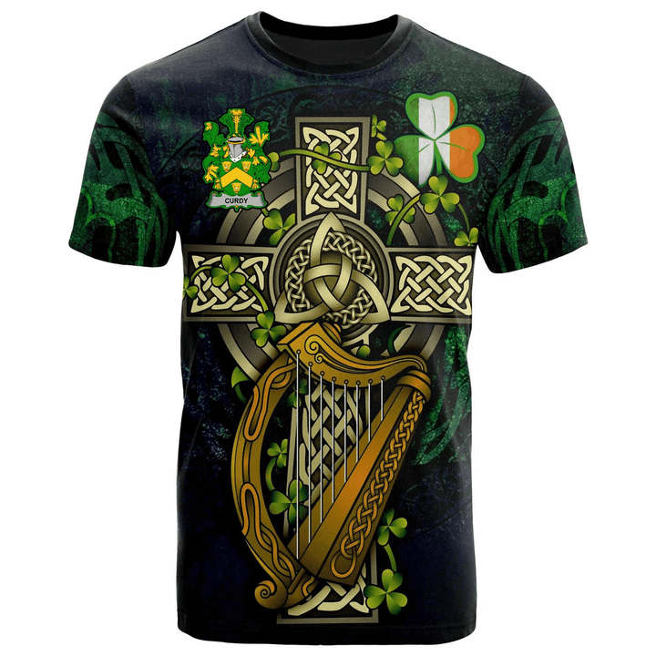 1sttheworld Ireland T-Shirt - Curdy or McCurdy Irish Family Crest and Celtic Cross A7