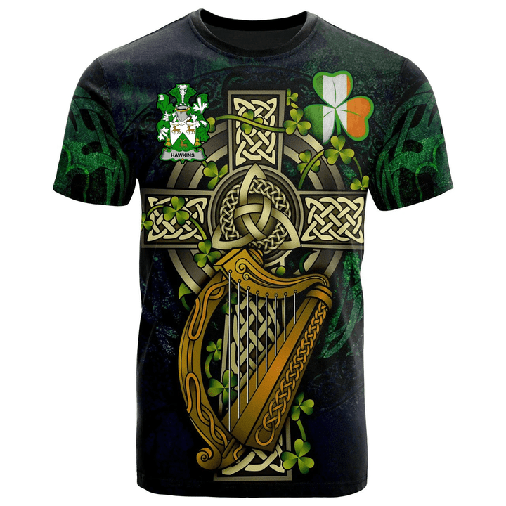 1sttheworld Ireland T-Shirt - Hawkins or Haughan Irish Family Crest and Celtic Cross A7