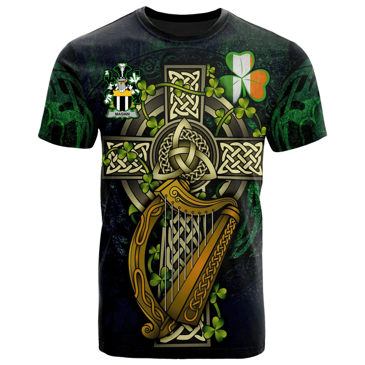 1sttheworld Ireland T-Shirt - Maginn or Ginn Irish Family Crest and Celtic Cross A7