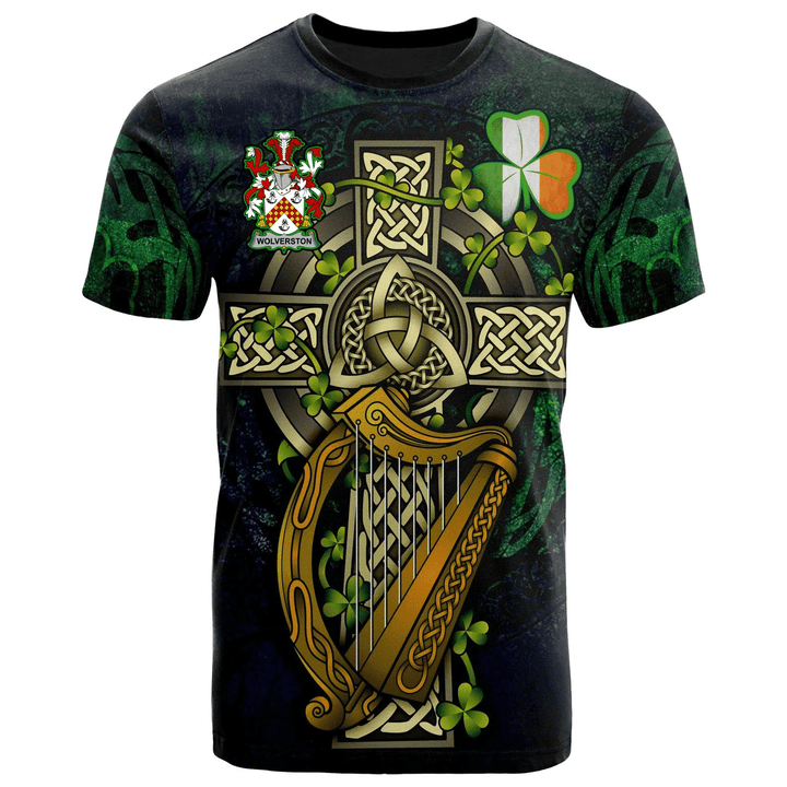 1sttheworld Ireland T-Shirt - Wolverston Irish Family Crest and Celtic Cross A7
