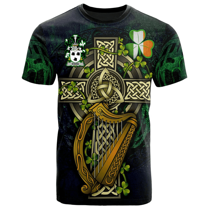 1sttheworld Ireland T-Shirt - Evans Irish Family Crest and Celtic Cross A7