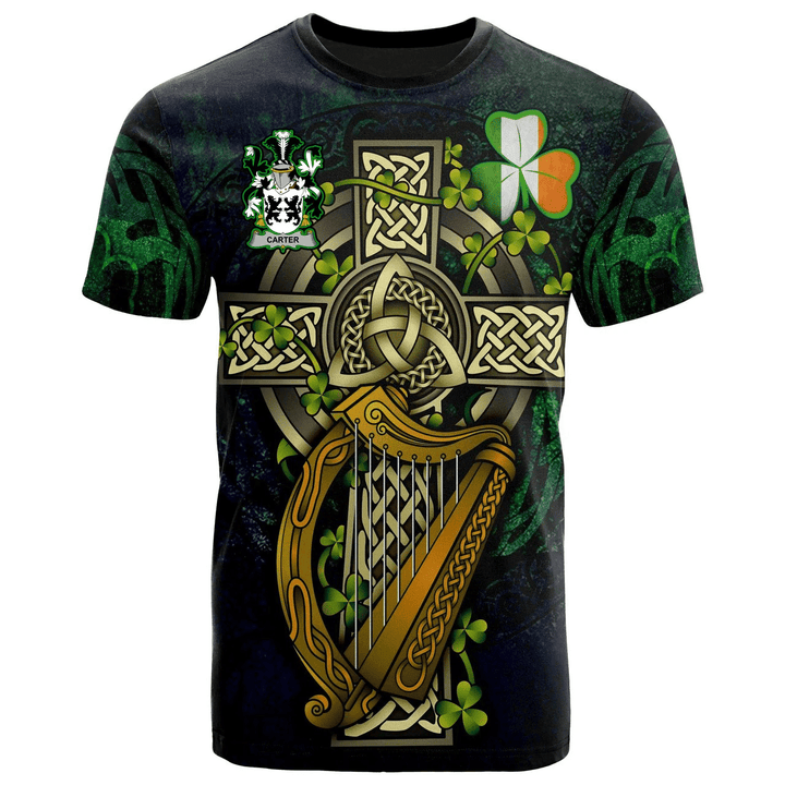 1sttheworld Ireland T-Shirt - Carter Irish Family Crest and Celtic Cross A7