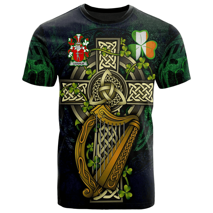 1sttheworld Ireland T-Shirt - Loughlin or O'Loughlin Irish Family Crest and Celtic Cross A7