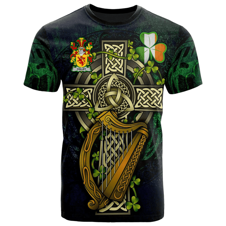 1sttheworld Ireland T-Shirt - Colley or McColley Irish Family Crest and Celtic Cross A7