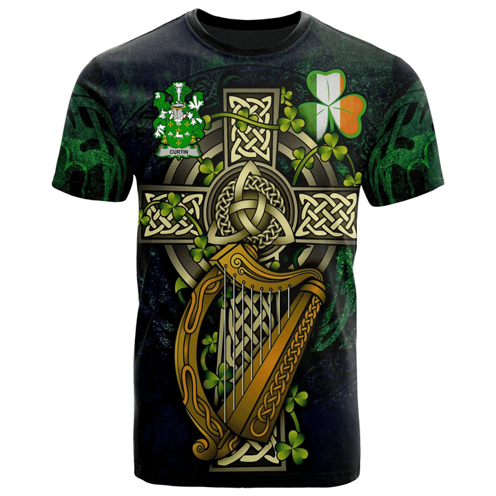 1sttheworld Ireland T-Shirt - Curtin or McCurtin Irish Family Crest and Celtic Cross A7