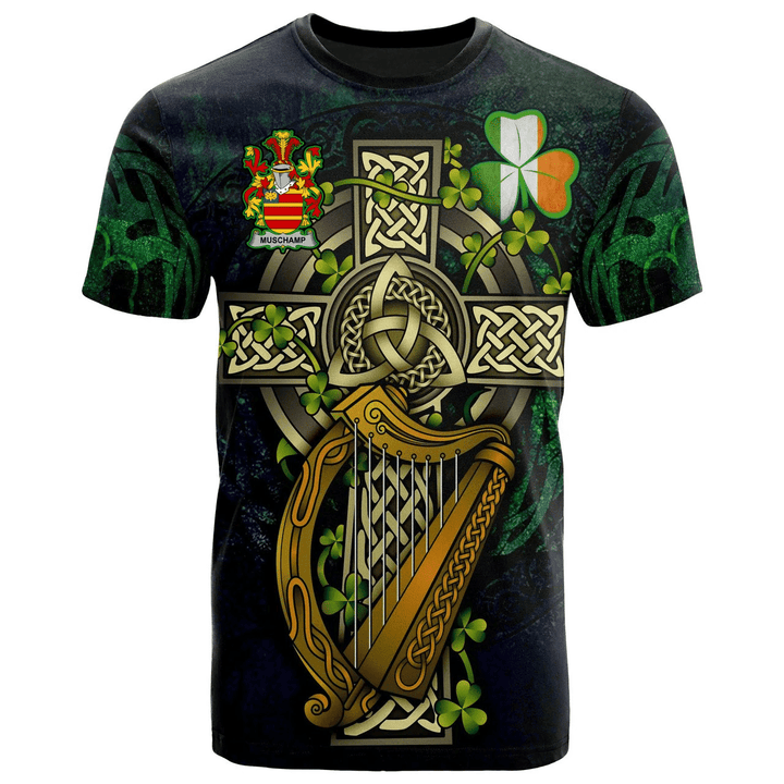 1sttheworld Ireland T-Shirt - Muschamp Irish Family Crest and Celtic Cross A7