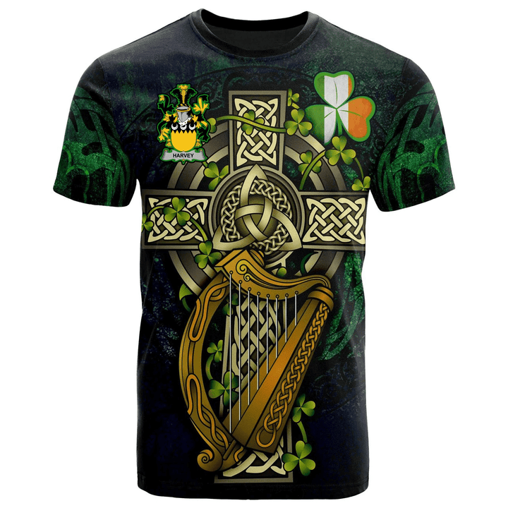 1sttheworld Ireland T-Shirt - Harvey or Hervey Irish Family Crest and Celtic Cross A7