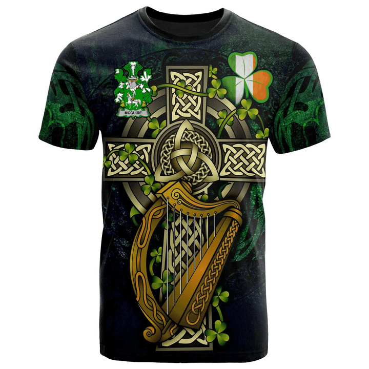 1sttheworld Ireland T-Shirt - McGuire and Maguire Irish Family Crest and Celtic Cross A7