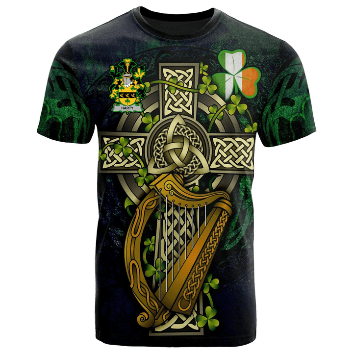 1sttheworld Ireland T-Shirt - Harty or O'Haherty Irish Family Crest and Celtic Cross A7