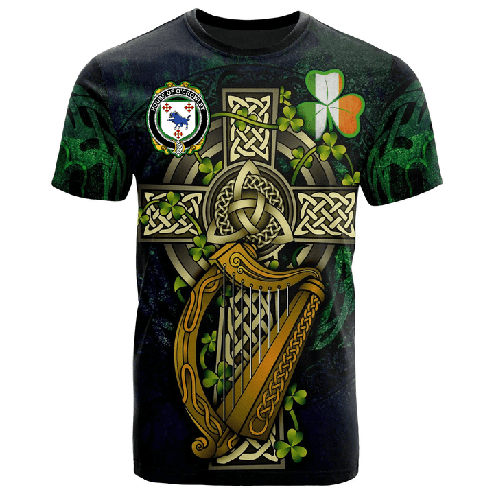 1sttheworld Ireland T-Shirt - House of O'CROWLEY Irish Family Crest and Celtic Cross A7