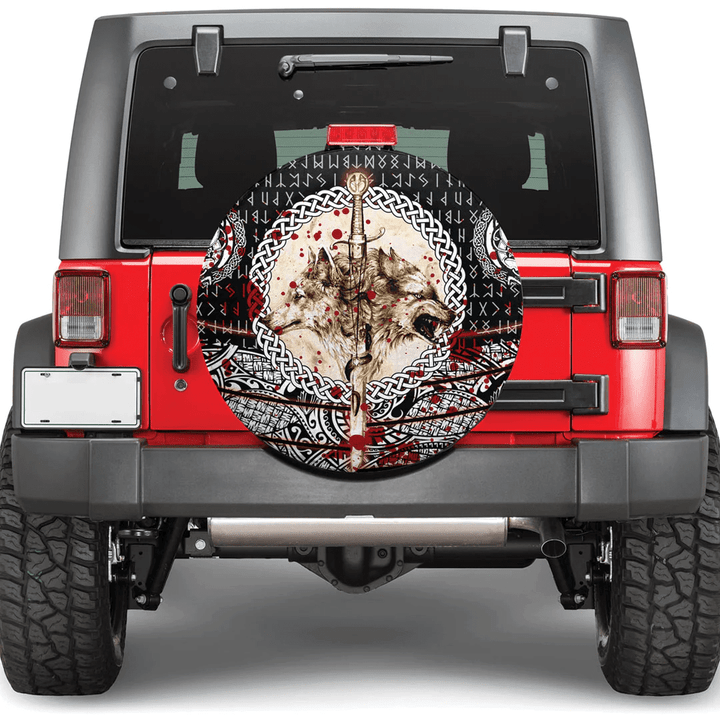 1sttheworld Spare Tire Cover - Wolf And Vikings Tattoo Blood Style Spare Tire Cover A7