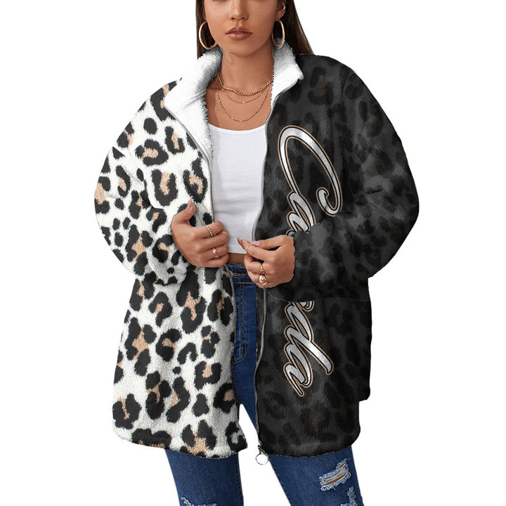 Canada Coat - Canada Women's Borg Fleece Stand-up Collar Coat With Zipper Closure - Leopard Skin (You can Personalize Custom Text) A7