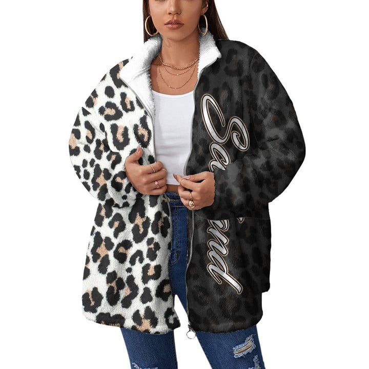 Scotland Coat - Scotland Women's Borg Fleece Stand-up Collar Coat With Zipper Closure - Leopard Skin (You can Personalize Custom Text) A7