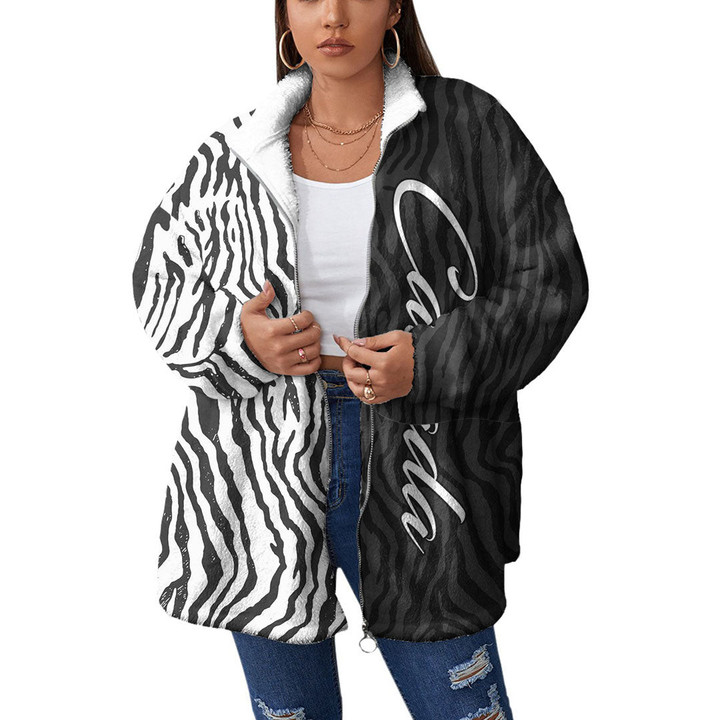 Canada Coat - Canada Women's Borg Fleece Stand-up Collar Coat With Zipper Closure - Zebra Skin (You can Personalize Custom Text) A7