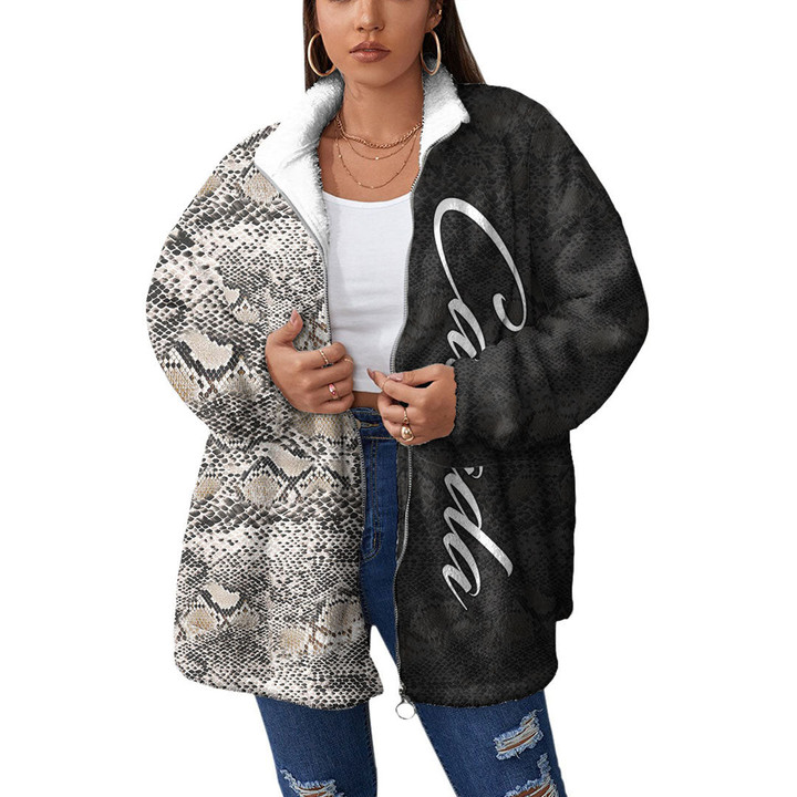 Canada Coat - Canada Women's Borg Fleece Stand-up Collar Coat With Zipper Closure - Snake Skin (You can Personalize Custom Text) A7