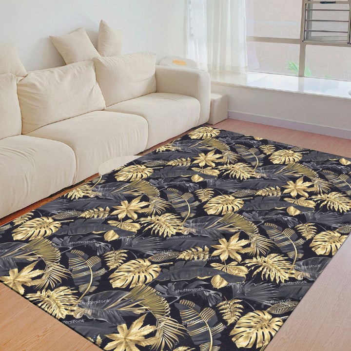 Floor Mat - Luxury Gold And Black Tropical Leaves Tropical Foldable Rectangular Thickened Floor Mat A7 | 1sttheworld