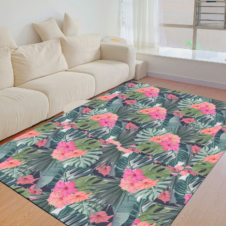 Floor Mat - Palm Tree Leaves with Flower Hibiscus Foldable Rectangular Thickened Floor Mat A7 | 1sttheworld